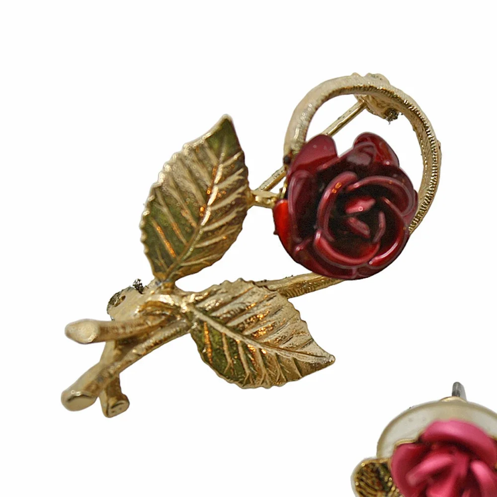 Vintage Matching Red Enameled Rose Pin and Earring Set in Original Box - Hey Viv